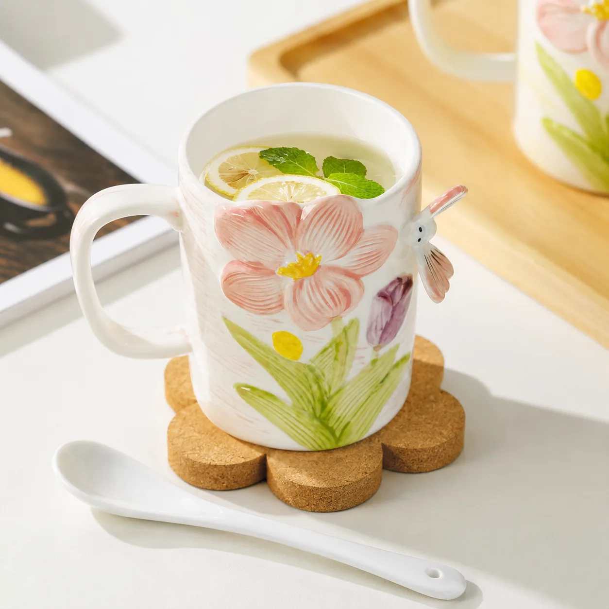 Ly Sứ Hoa Bướm Nổi 3D Vẽ Tay 400ml - Ly Gốm Vẽ Thủ Công Uống Trà Cà Phê - Ảnh 11