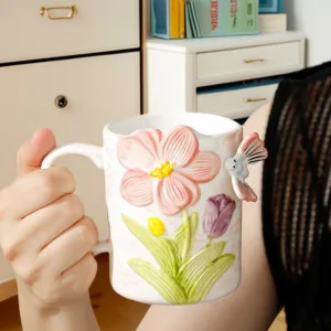 Ly Sứ Hoa Bướm Nổi 3D Vẽ Tay 400ml - Ly Gốm Vẽ Thủ Công Uống Trà Cà Phê